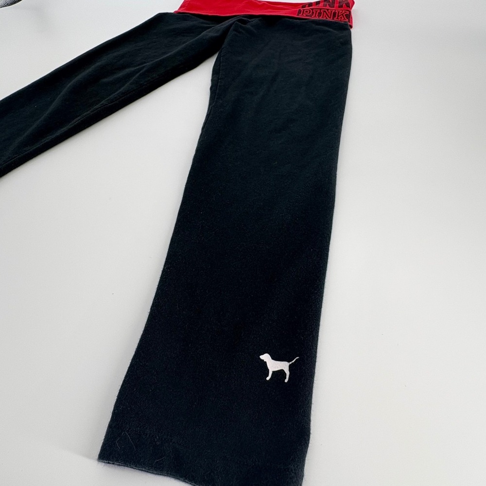 Victoria's Secret PINK Yoga Pants Black Red Foldover Waist Logo Dog Sz M Classic - Picture 2 of 8